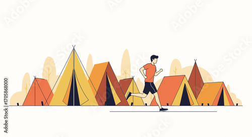 Athlete Jogging Near Camp, Representing Sport, Outdoor Activity, Nature, and Adventure