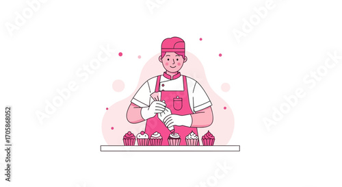 Baker Creatively Icing Cupcakes, Decorating Desserts, Culinary Craft, Sweet Artistic Design