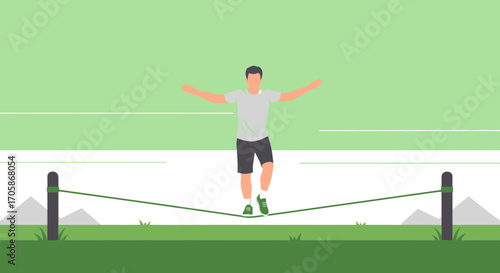 Careful Man Balancing Himself On Green Line High In The Air Achieving Equilibrium