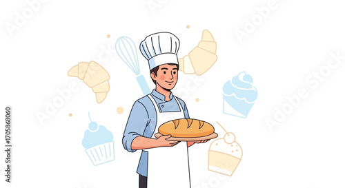 Cheerful Baker Proudly Displaying Delicious Freshly Baked Loaf Of Bread Smiling Happily