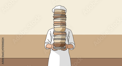 Chef Carries Enormous Pile Of Bowls, Demonstrating Task Overload And Balancing Responsibilities