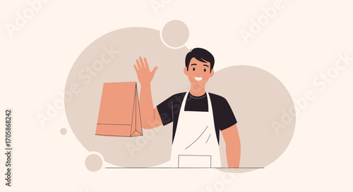 Cheerful Waiter Offering Order In A Brown Paper Bag And Waving His Hand To The Customer