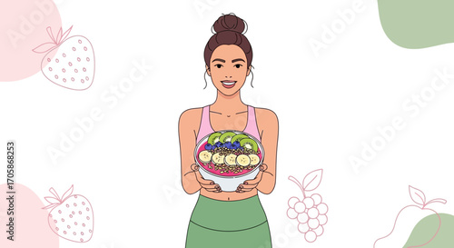 Cheerful Woman Holding Fresh Fruit Bowl, Perfect for Healthy Eating Concepts