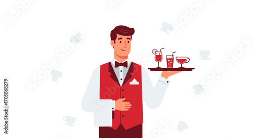 Cheerful Waiter Serving Beverages on a Tray with a Smile in a Restaurant Setting