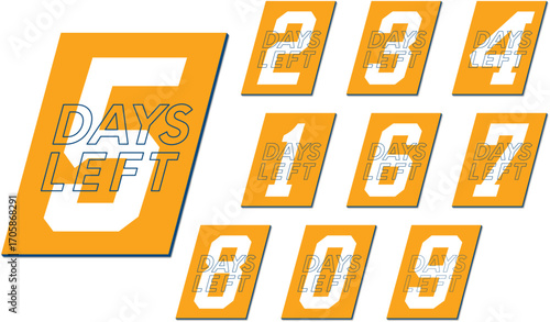 5, 2, 3, 4, 1, 6, 7, 8, 9, 0 days left badge arrow template. Left time in days countdown motivation and inspiration label layout set 5