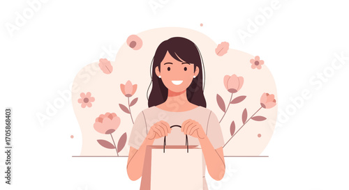 Cheerful Woman Holding a Shopping Bag Amongst Delicate Floral Illustrations