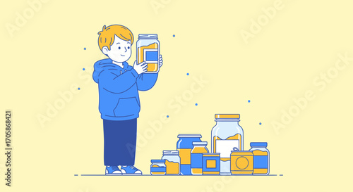 Child Examining Preserved Goods Jars, Discovering Homemade Ingredients, Food Illustration