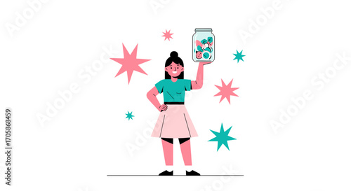 Cheerful Woman Holding Saving Jar With Financial Symbols And Decorative Stars