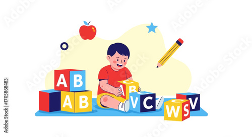 Child Exploring Education With Blocks and Learning, Brightly Illustrated Design