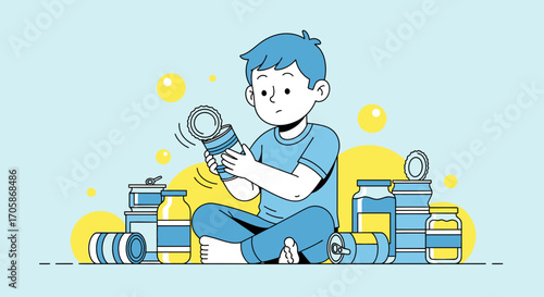 Child Exploring Canned Goods Illustrating Food Preparation Concept in a Simplified Graphic