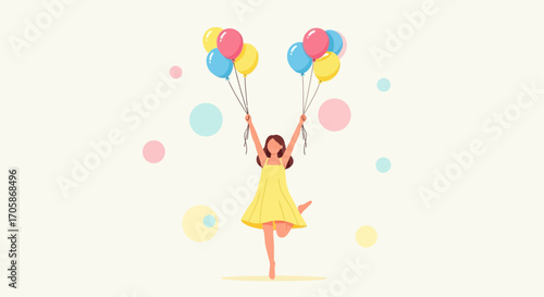 Cheerful Woman Holds Colorful Balloons, Celebrating a Moment of Joy and Pure Happiness Always
