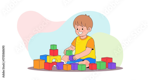 Child Joyfully Building Colorful Blocks Creates Visual Appeal and Illustrates Playtime
