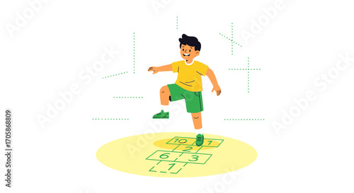 Cheerful Youngster Engaging In A Delightful Game Of Hopscotch On A Sunny Day