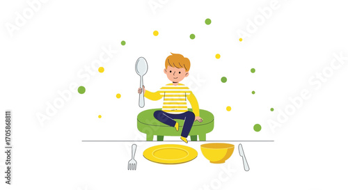 Cheerful Youngster With Spoon Ready For Mealtime On Green Stool Near Tableware