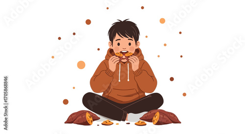 Cheerful Youthful Figure Devouring Sweet Potato in Delightful Artistic Visuals
