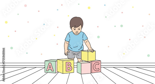 Child Playing With Alphabet Blocks in a Minimalistic, Illustrated Scene for Learning