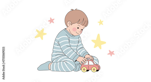 Child Playing With Toy Car Amidst Stars: Charming Illustration Of Childhood Joy
