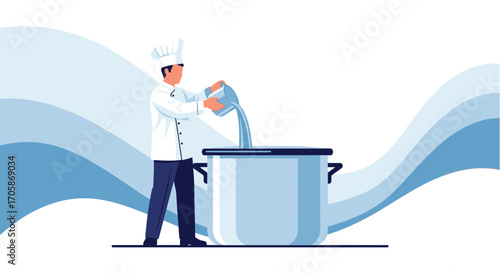 Chef Adding Liquid To Pot, Culinary Illustration, Kitchen Cook Preparing Food, Ready Meal Process