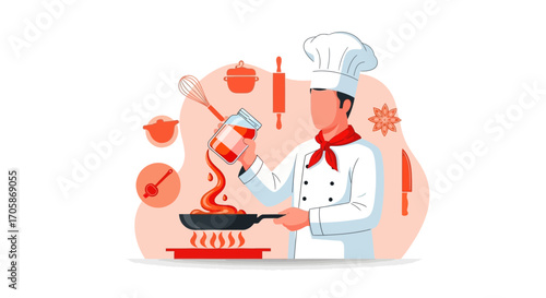 Chef Adding Flavorful Sauce to Dish with Kitchen Tools, A Gastronomic Composition