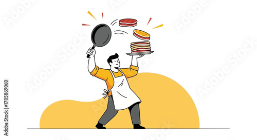Chef Acrobatics: Delightful Pancake Flipping Demonstrating Culinary Skill and Breakfast Prep