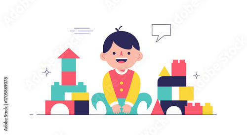 Child Playing With Wooden Blocks Creating Colorful Structures for Joyful Entertainment