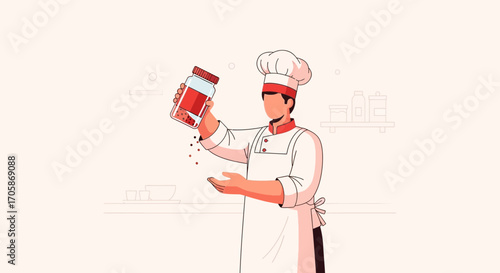 Chef Adding Spice to a Dish with Precision and Culinary Expertise, Vector Illustration