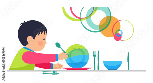 Child Prepares Table: A Bright Illustration Depicting a Young Boy Setting Plates