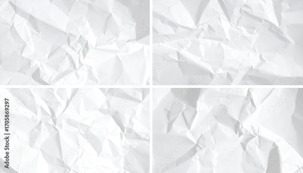 Obraz premium Crumpled White Paper Collage with Four Distinct Textures Detailed Backdrop in High Resolution and Neutral Color Scheme for Graphic Design Resource