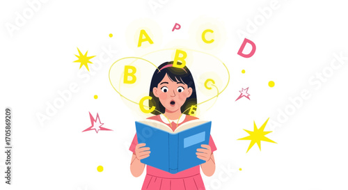 Child Reading Book with Letters Emanating, Discovering New Knowledge and Ideas