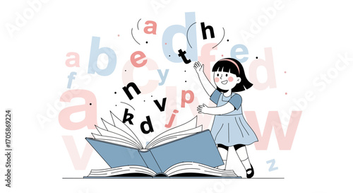 Child Reading Book with Letters Illustration Depicting Education and Imagination