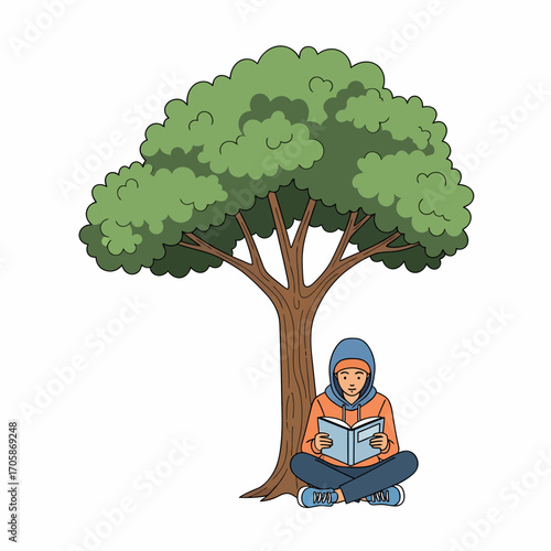 A young person wearing a blue hoodie and orange headscarf sits cross-legged under a large green tree, engrossed in reading a book.