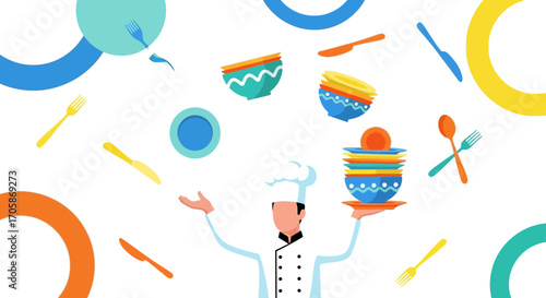 Chef Balancing Dishes and Cutlery with Colorful Abstract Ring Elements