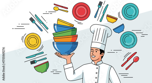 Chef Balancing Kitchenware: A Colorful Culinary Design Depicting Skill and Preparation