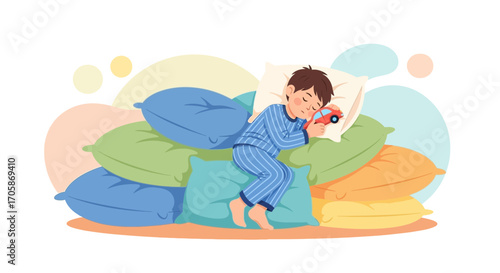 Child Sleeping Peacefully on a Bed of Pillows While Dreaming of a Toy Car
