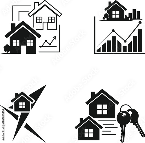 Real estate icons, property investment, housing market, home ownership, market trends, house keys, growth, analysis, buying, selling, vector illustration set
