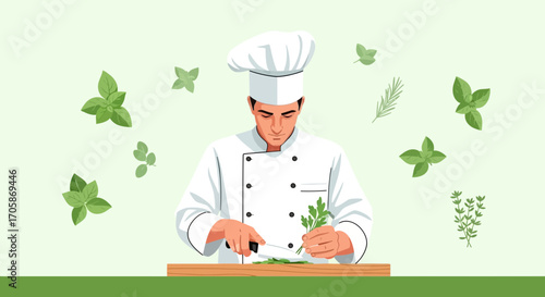 Chef Chopping Fresh Herbs: Culinary Preparation for Delicious Gourmet Dishes