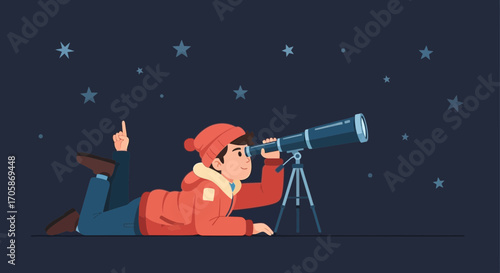 Child Stargazing, Exploring Cosmos, Contemplating Celestial Wonders and Observing Celestial Bodies