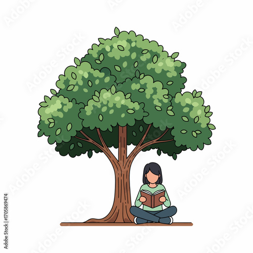 Woman sits under a tree and reads a book.