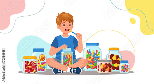 Child Surrounded By Delicious Candies In Jars Prepared For An Enjoyable Sweet Treat