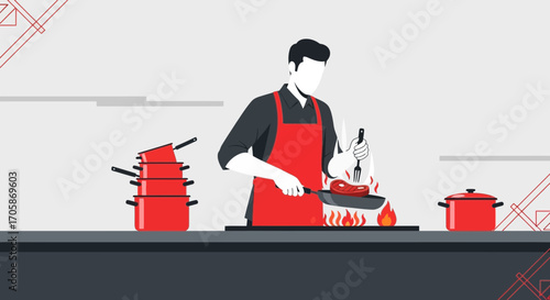 Chef Cooking Grilled Steak In A Frying Pan With Kitchen Utensils Vector Illustration
