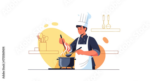 Chef Cooking Illustrative Vector Design in A Kitchen Preparing A Hot Dish