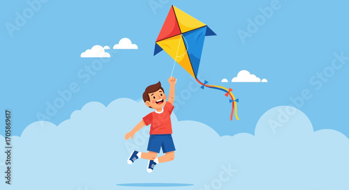 Childhood Joy: Young Boy Soaring Kite High in the Sky on a Sunny Day