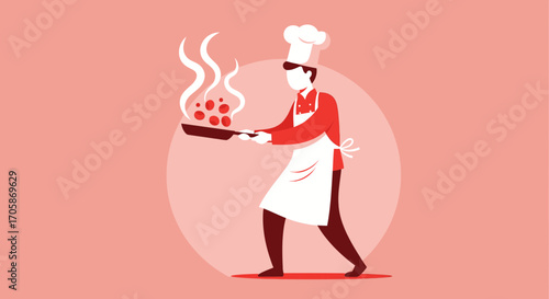 Chef Cooking Illustration Demonstrating Food Preparation, Perfect for Culinary Projects