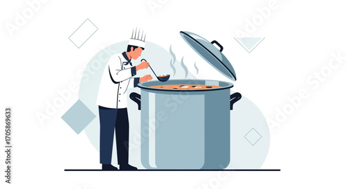 Chef Cooking Illustration Creating Flavorful Dish in Modern, Minimal Style No Overuse