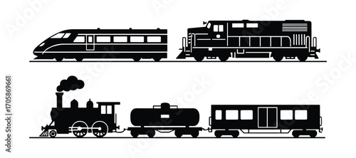 Four Train Styles, Silhouette Illustration, Locomotives, Freight, Bullet, Steam, Vector Illustration
