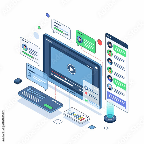 Isometric illustration of a digital video player interface with chat bubbles and user profiles, representing online communication and media consumption.