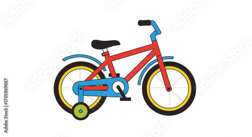 Fotografie Colorful Red and Blue Childs Bicycle with Training Wheels.