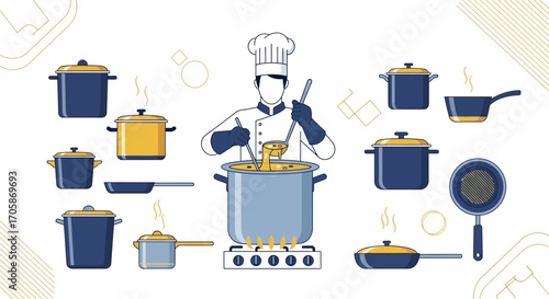 Chef Cooking In A Restaurant Kitchen With A Collection Of Cookware Elements