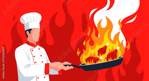 Chef Cooks Chicken with Fire Illustration on Red Background With Dynamic Flames