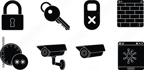 Security icons, padlock, key, access control, firewall, surveillance camera, browser security, network protection, authentication, privacy, monitoring, system safety, vector illustration set